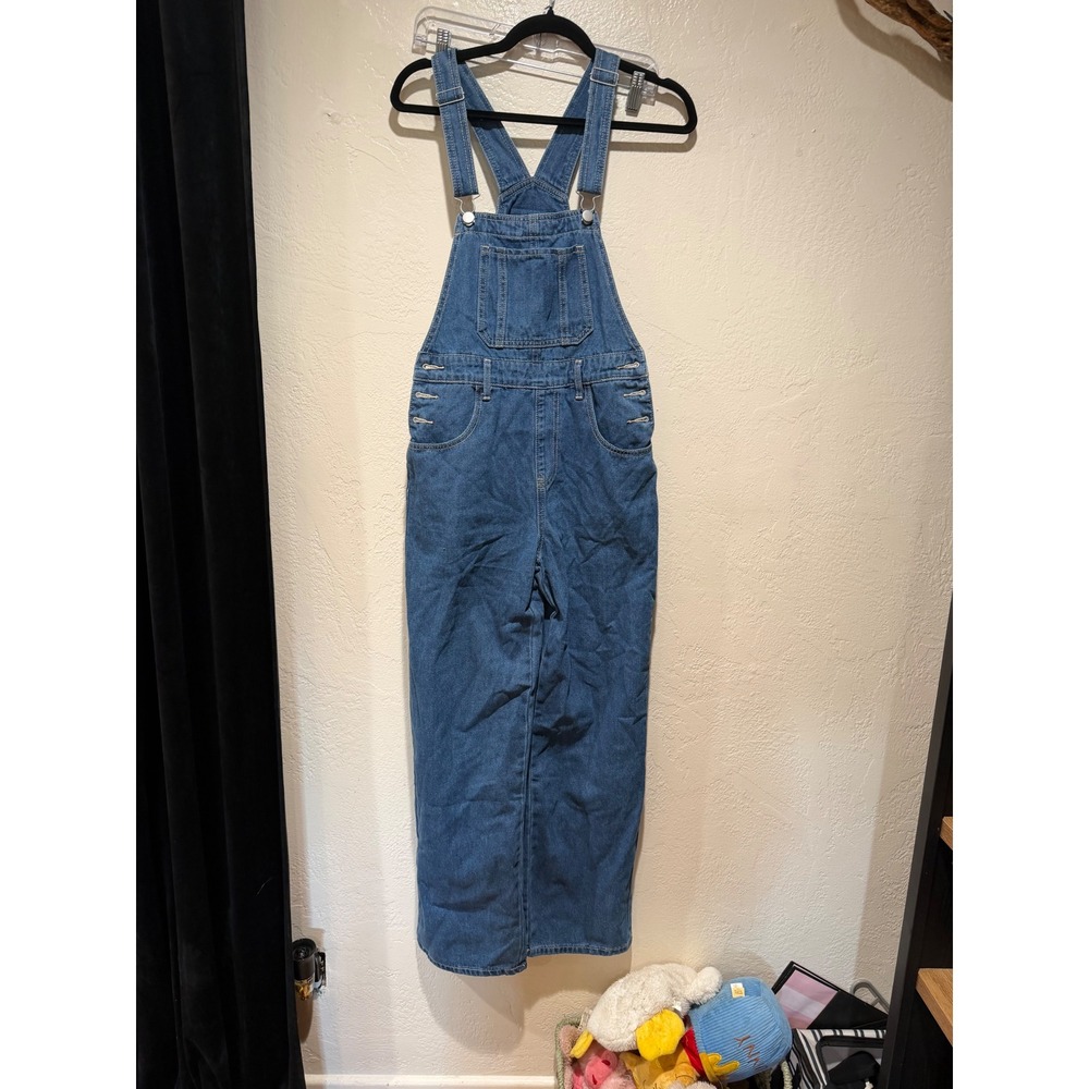 Fashion Jeans Womens Denim Overalls Medium Wash Wide Leg Bib Blue Size M
